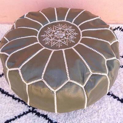 Moss Green Leather Ottoman Footstool – Marrakech Handmade Genuine Leather Pouf Moss Green Color