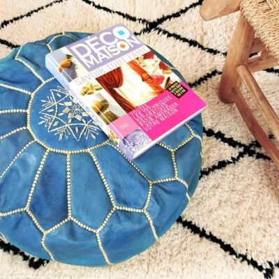Handcrafted Moroccan Blue Jeans Leather Pouf – Genuine Goatskin Ottoman Footstool