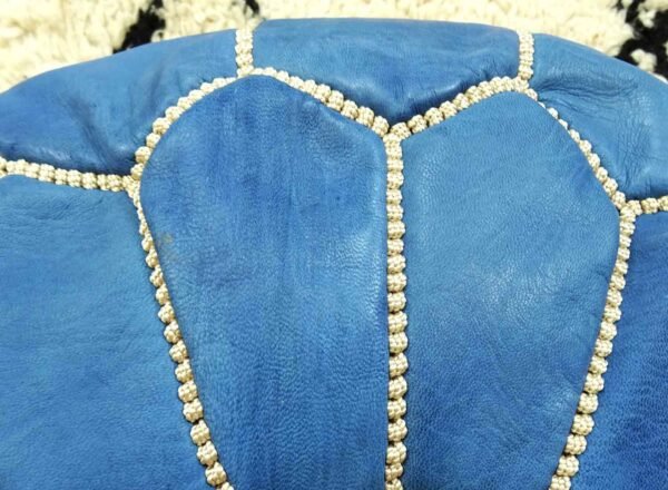 Moroccan Blue Jeans Leather Pouf With Biege Stitching - Image 6