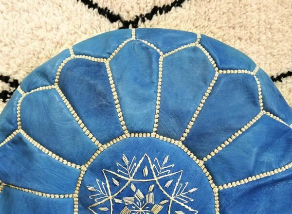 Moroccan Blue Jeans Leather Pouf With Biege Stitching - Image 5