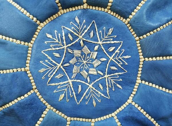 Moroccan Blue Jeans Leather Pouf With Biege Stitching - Image 4