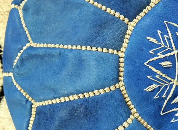 Moroccan Blue Jeans Leather Pouf With Biege Stitching - Image 3