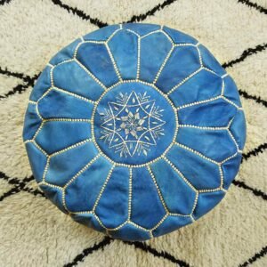 Moroccan Blue Jeans Leather Pouf With Biege Stitching