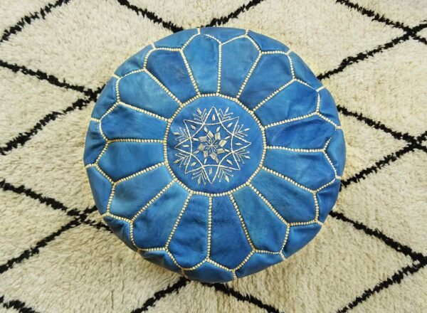 Moroccan Blue Jeans Leather Pouf With Biege Stitching - Image 2