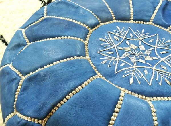 Moroccan Blue Jeans Leather Pouf With Biege Stitching - Image 7