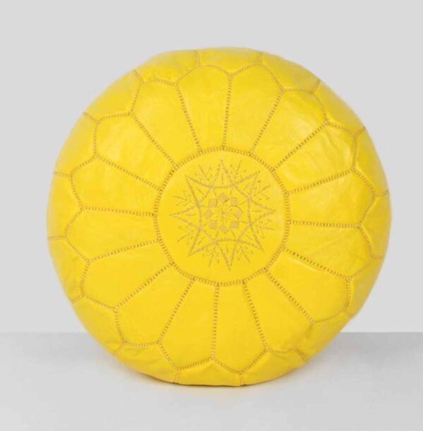 Yellow Or Mustard Moroccan Leather Pouf With Stitching - 100% Real Leather Ottoman Footstool - Image 2