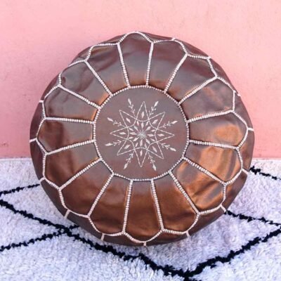 Handcrafted Moroccan Copper Faux Leather Pouf – Round Ottoman Footstool
