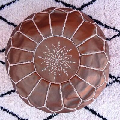 Handcrafted Moroccan Copper Faux Leather Pouf – Round Ottoman Footstool