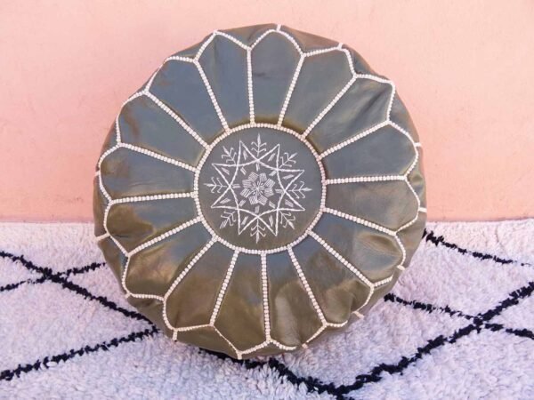 Moss Green Leather Ottoman Footstool - Marrakech Handmade Genuine Leather Pouf Moss Green Color