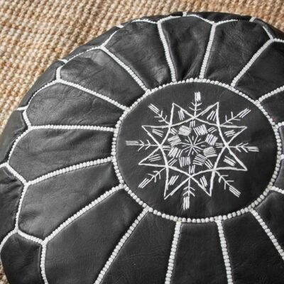 Genuine Moroccan Black Leather Pouf – Round Unstuffed Boho Accent Footrest