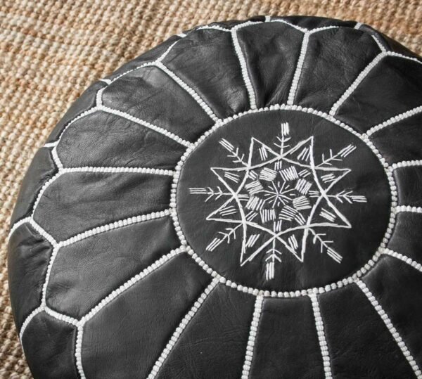 Moroccan Black Pouf With Genuine Leather - Image 2