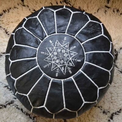 Genuine Moroccan Black Leather Pouf – Round Unstuffed Boho Accent Footrest