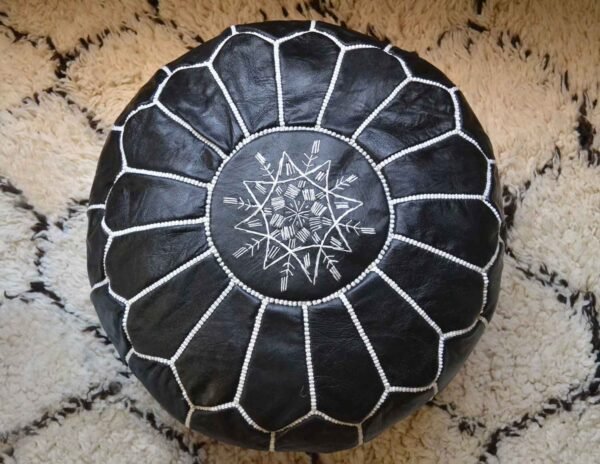 Moroccan Black Pouf With Genuine Leather