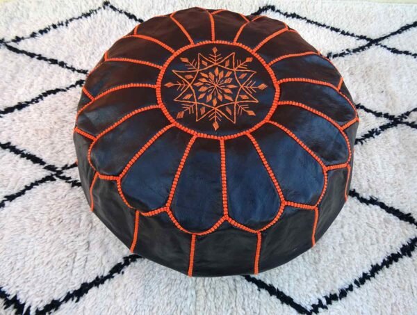 Moroccan Black Pouf With Genuine Leather - Image 4
