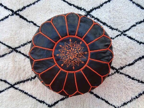 Moroccan Black Pouf With Genuine Leather - Image 3
