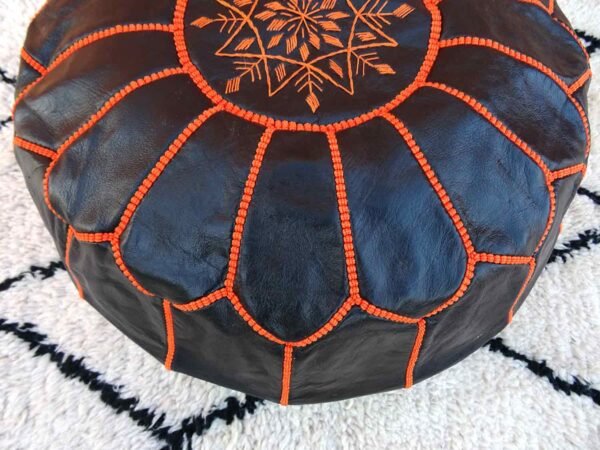 Moroccan Black Pouf With Genuine Leather - Image 5