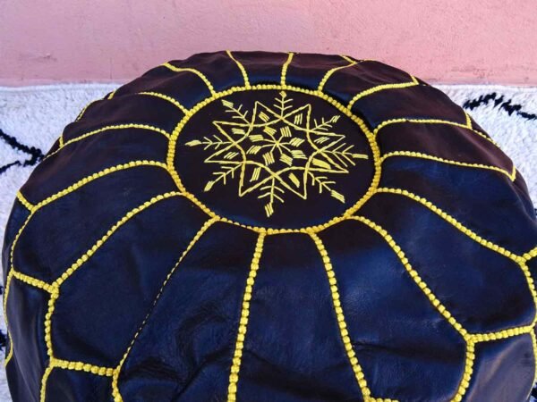 Moroccan Black Pouf With Genuine Leather - Image 8