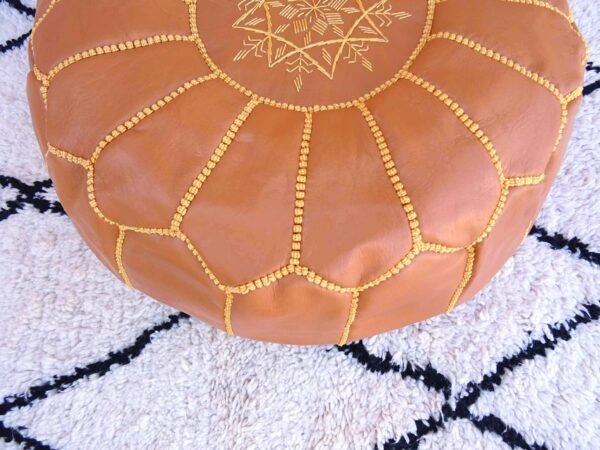 Yellow Or Mustard Moroccan Leather Pouf With Stitching - 100% Real Leather Ottoman Footstool - Image 5