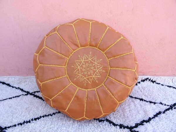 Yellow Or Mustard Moroccan Leather Pouf With Stitching - 100% Real Leather Ottoman Footstool - Image 4