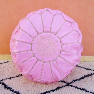 Handmade Pink Leather Moroccan Ottoman – Accent Living Room & Bedroom Footstool