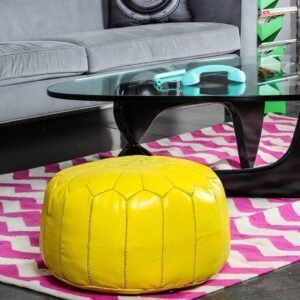 Yellow Or Mustard Moroccan Leather Pouf With Stitching – 100% Real Leather Ottoman Footstool
