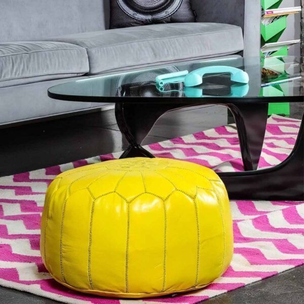 Yellow Or Mustard Moroccan Leather Pouf With Stitching - 100% Real Leather Ottoman Footstool