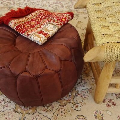 Tan Moroccan Handmade Genuine Leather Ottoman Footstool – Dark Brown