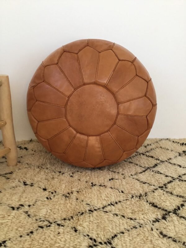 Tan Moroccan Handmade Genuine Leather Ottoman Footstool - Image 3