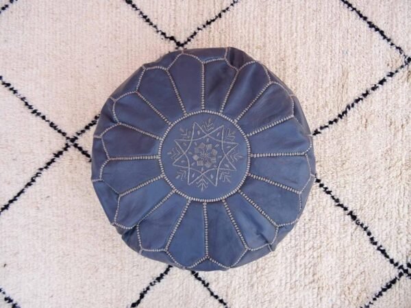 Moroccan Gray Leather Ottoman Footstool - Handmade Genuine Leather Pouf - 100% Real Natural Leather - Image 6