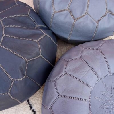 Genuine Moroccan Gray Leather Pouf – Round Embroidered Boho Footrest