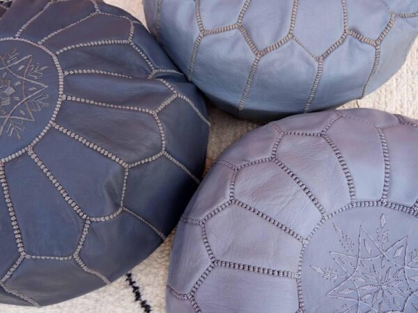 Moroccan Gray Leather Ottoman Footstool - Handmade Genuine Leather Pouf - 100% Real Natural Leather - Image 2
