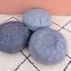 Pouf Marocain en cuir gris – Repose-pieds en cuir véritable fait main – 100% vrai cuir naturel