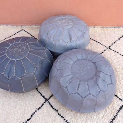 Genuine Moroccan Gray Leather Pouf – Round Embroidered Boho Footrest