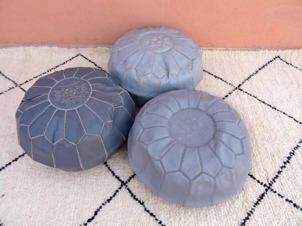 Moroccan Gray Leather Ottoman Footstool - Handmade Genuine Leather Pouf - 100% Real Natural Leather