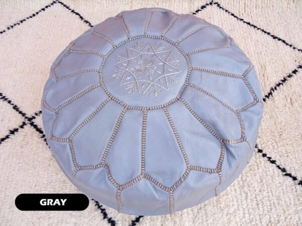 Moroccan Gray Leather Ottoman Footstool - Handmade Genuine Leather Pouf - 100% Real Natural Leather - Image 7