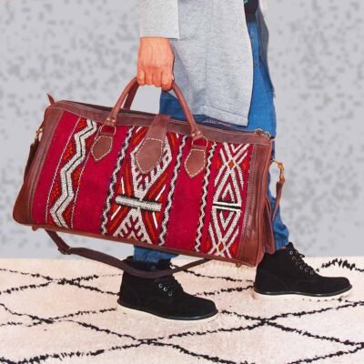 Vintage Moroccan Kilim & Leather Travel Bag – Handmade Berber Rug Weekender Bag