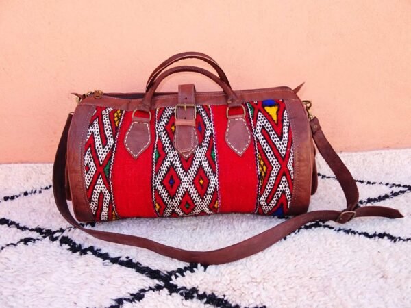 Vintage Moroccan Kilim Leather Bag - Genuine Leather Bag - Moroccan Bag made with Leather and berber Rug - Image 3