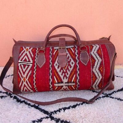 Vintage Moroccan Kilim & Leather Travel Bag – Handmade Berber Rug Weekender Bag