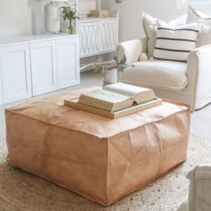Moroccan Square Leather Pouf Ottoman, Unstuffed Square Floor Cushion Footstool