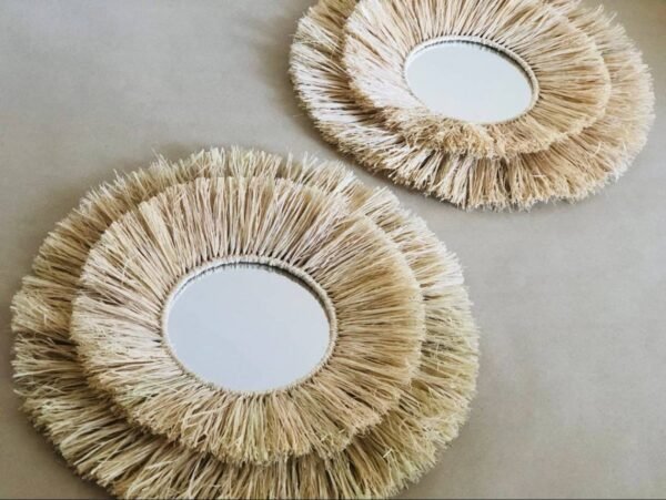Round Wall Mirror in natural raffia - Wall Sun Raffia Mirror - Made by Moroccan handmade - Image 6