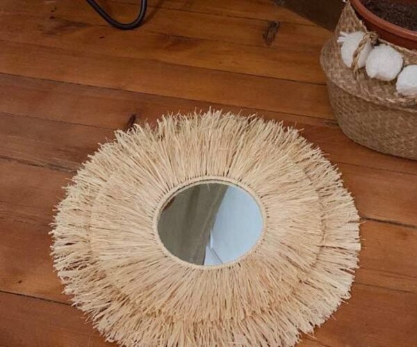 Round Wall Mirror in natural raffia - Wall Sun Raffia Mirror - Made by Moroccan handmade - Image 4