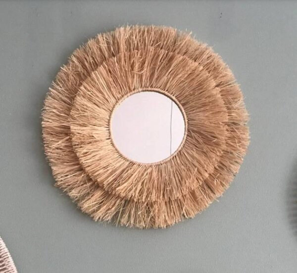 Round Wall Mirror in natural raffia - Wall Sun Raffia Mirror - Made by Moroccan handmade