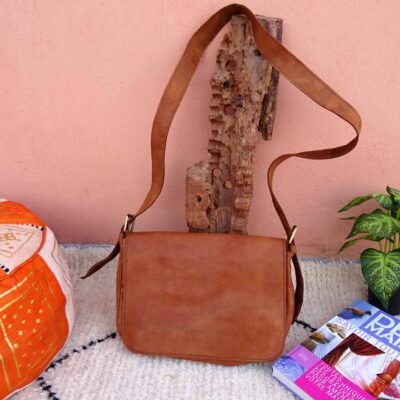 Handcrafted Moroccan Goatskin Leather Crossbody Bag with Multi-Zip Pockets