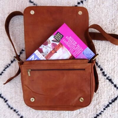 Handcrafted Moroccan Goatskin Leather Crossbody Bag with Multi-Zip Pockets