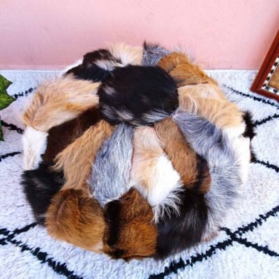 Handmade Multi-Color Fur Leather Moroccan Ottoman – Accent Living Room & Nursery Footstool