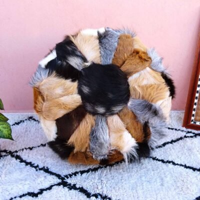 Handmade Multi-Color Fur Leather Moroccan Ottoman – Accent Living Room & Nursery Footstool