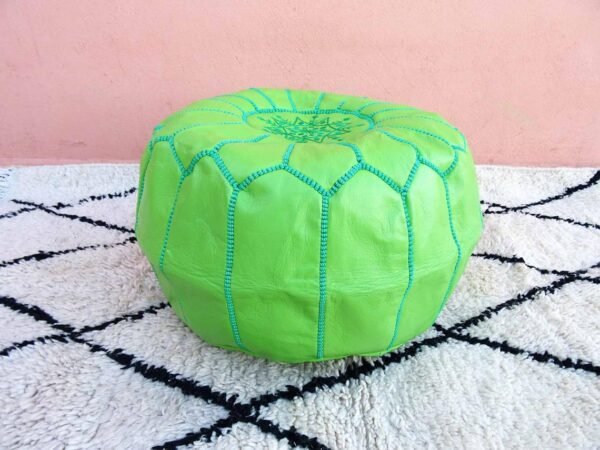 light kelly green leather-pouf with top embroidery- Best apartment Moroccan decor - Ottomans Poufs - Footstool poufs - 100% handmade - Unstuffed leather poof - Image 3