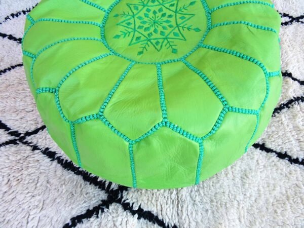 light kelly green leather-pouf with top embroidery- Best apartment Moroccan decor - Ottomans Poufs - Footstool poufs - 100% handmade - Unstuffed leather poof - Image 4