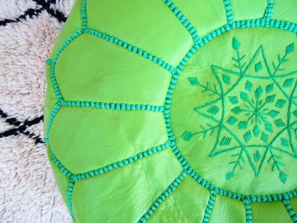 light kelly green leather-pouf with top embroidery- Best apartment Moroccan decor - Ottomans Poufs - Footstool poufs - 100% handmade - Unstuffed leather poof - Image 6