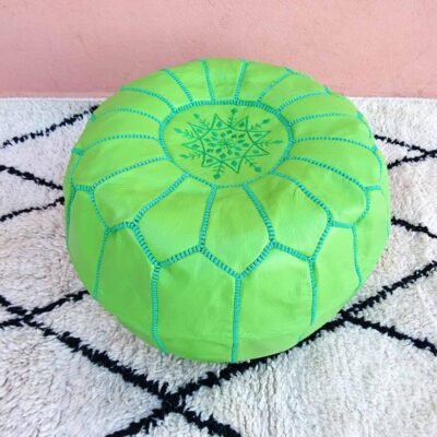 Handcrafted Moroccan Goat Leather Pouf – Light Kelly Green Embroidered Footstool